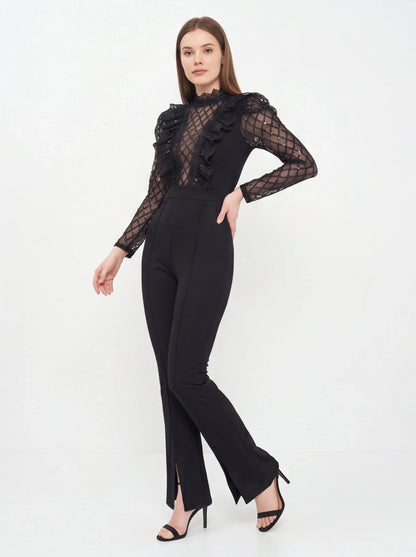 Jamota black jumpsuit with sheer lattice sleeves, high lace neckline, ruffled front, fitted waist and wide-leg pants