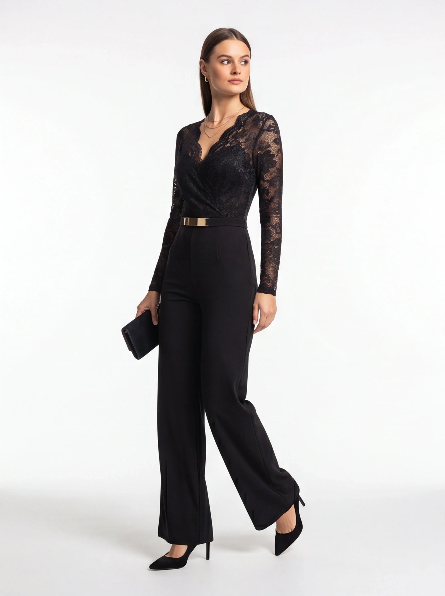 Jamota black women's jumpsuit with lace long sleeves and V-neck, gold belt at waist, wide-leg pants, clutch and heels