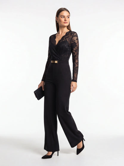Jamota black women's jumpsuit with lace long sleeves and V-neck, gold belt at waist, wide-leg pants, clutch and heels