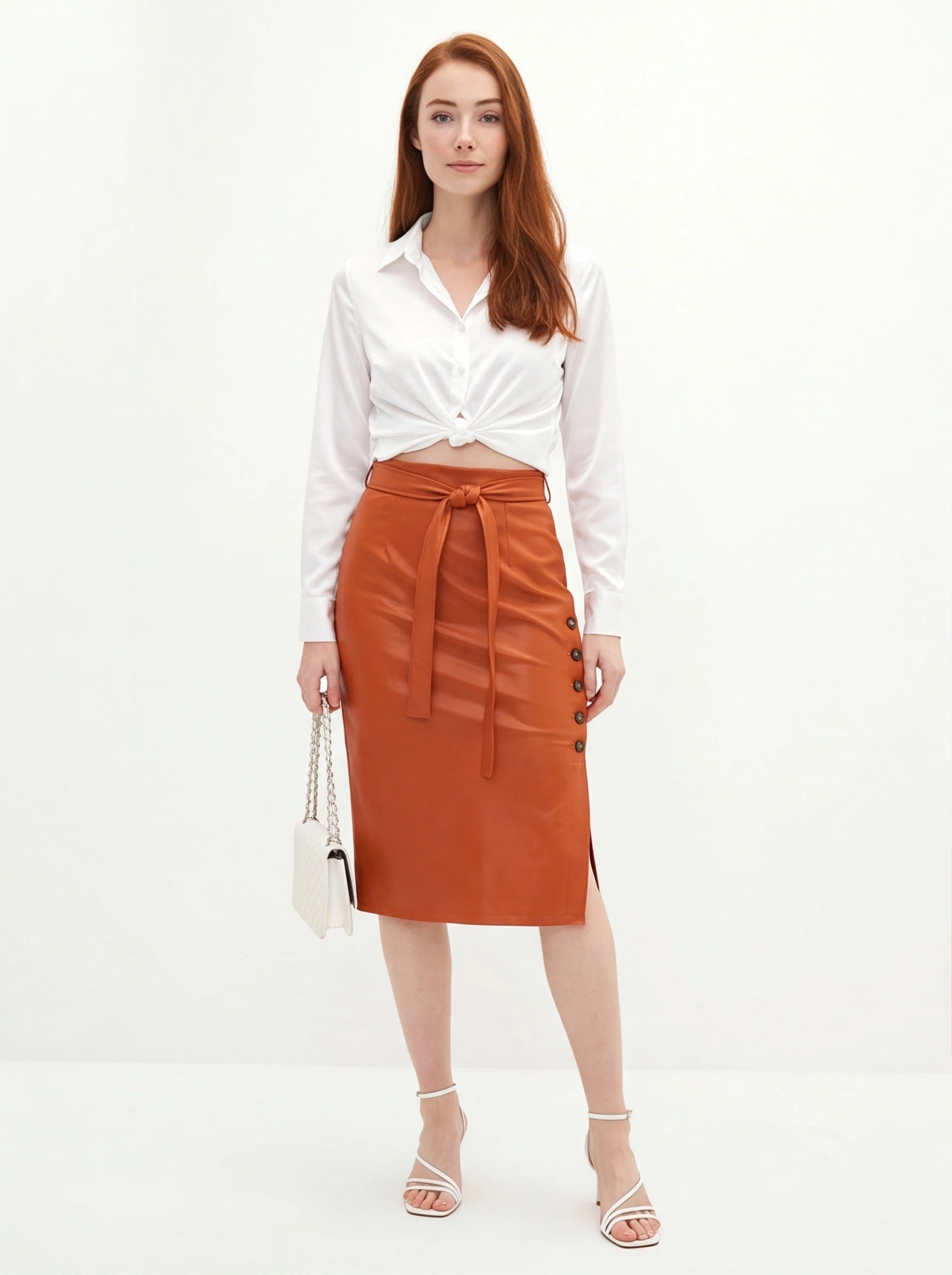 Brown Midi Skirt Sleek Pencil Silhouette High Waisted Everyday Work Texture PU Leather - Jamota