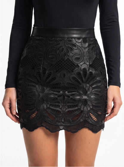 Jamota black mini skirt with high waist and sleek bodycon silhouette featuring embossed floral lace and scalloped hem