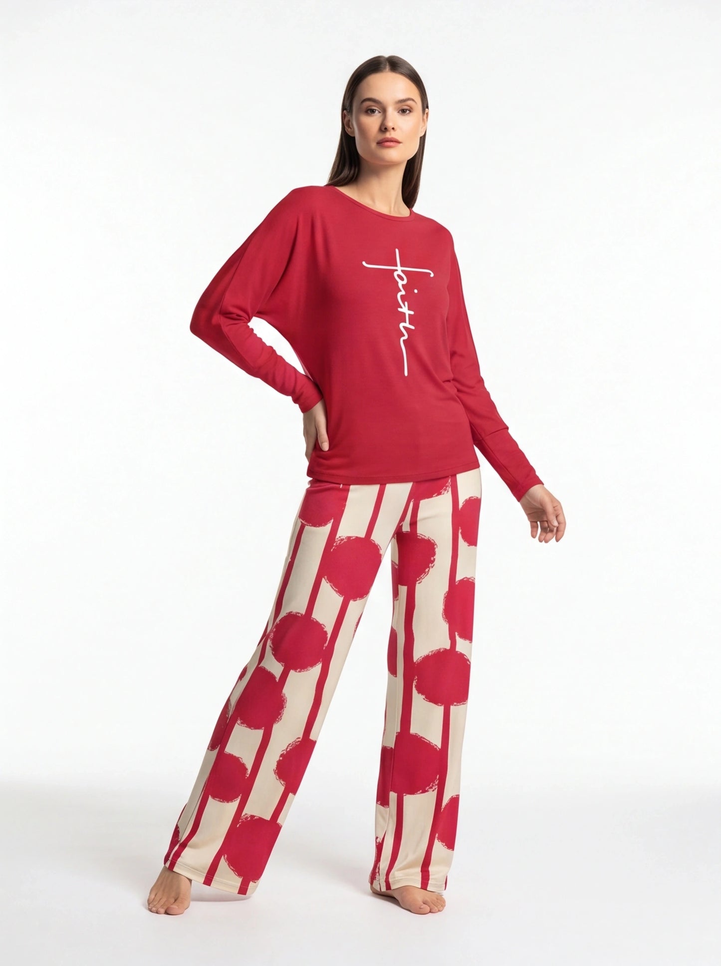 Multicolor Batwing Sleeve Lounge Set With Striped Pants - Jamota