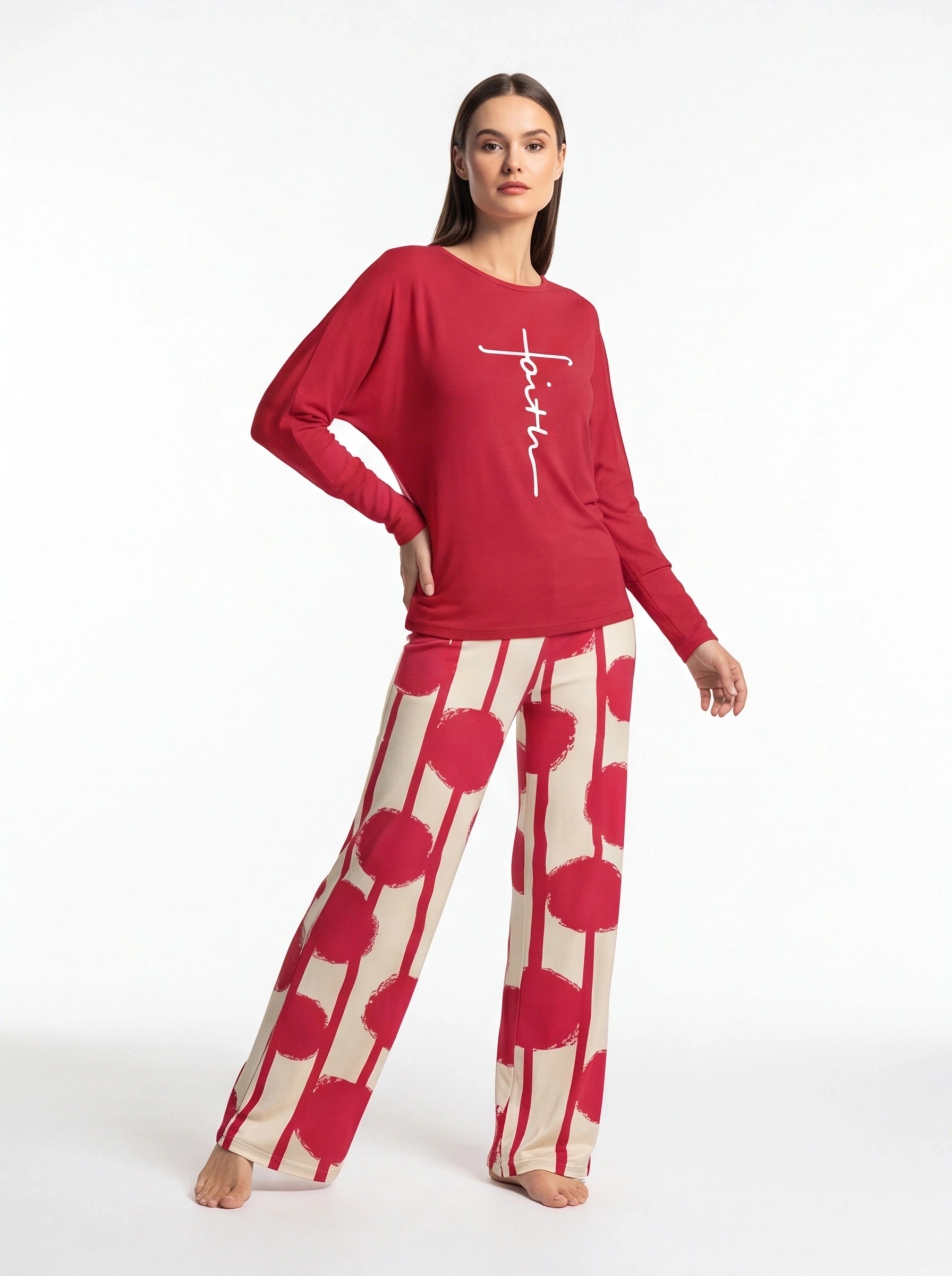 Multicolor Batwing Sleeve Lounge Set With Striped Pants - Jamota