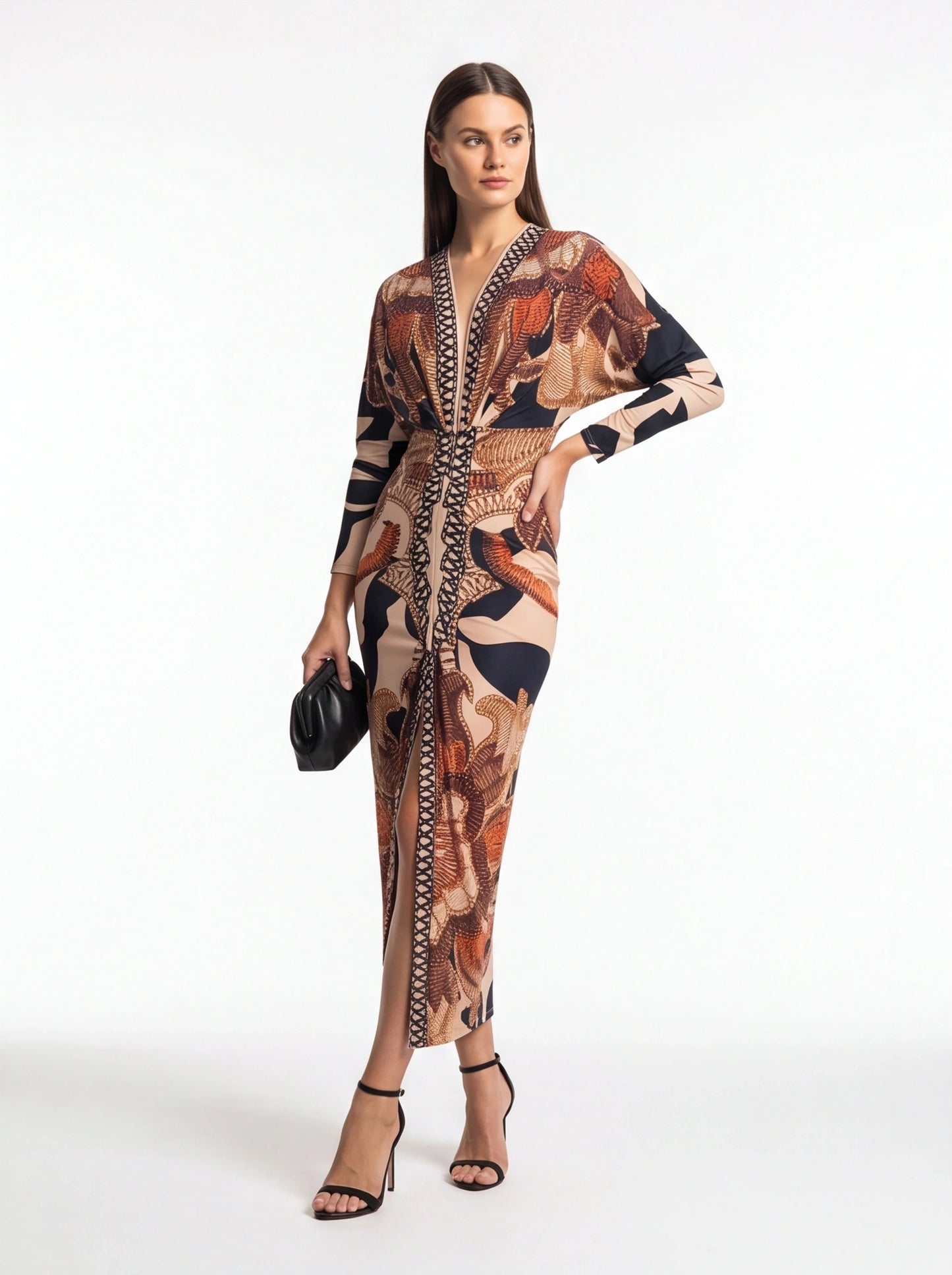 Brown Baroque Print Bodycon Maxi Dress with Front Slit - Jamota