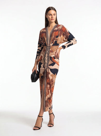 Brown Baroque Print Bodycon Maxi Dress with Front Slit - Jamota