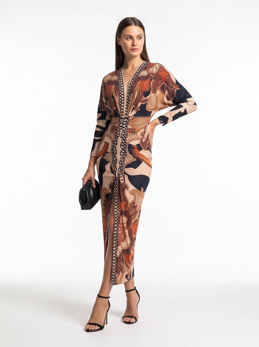 Brown Baroque Print Bodycon Maxi Dress with Front Slit - Jamota