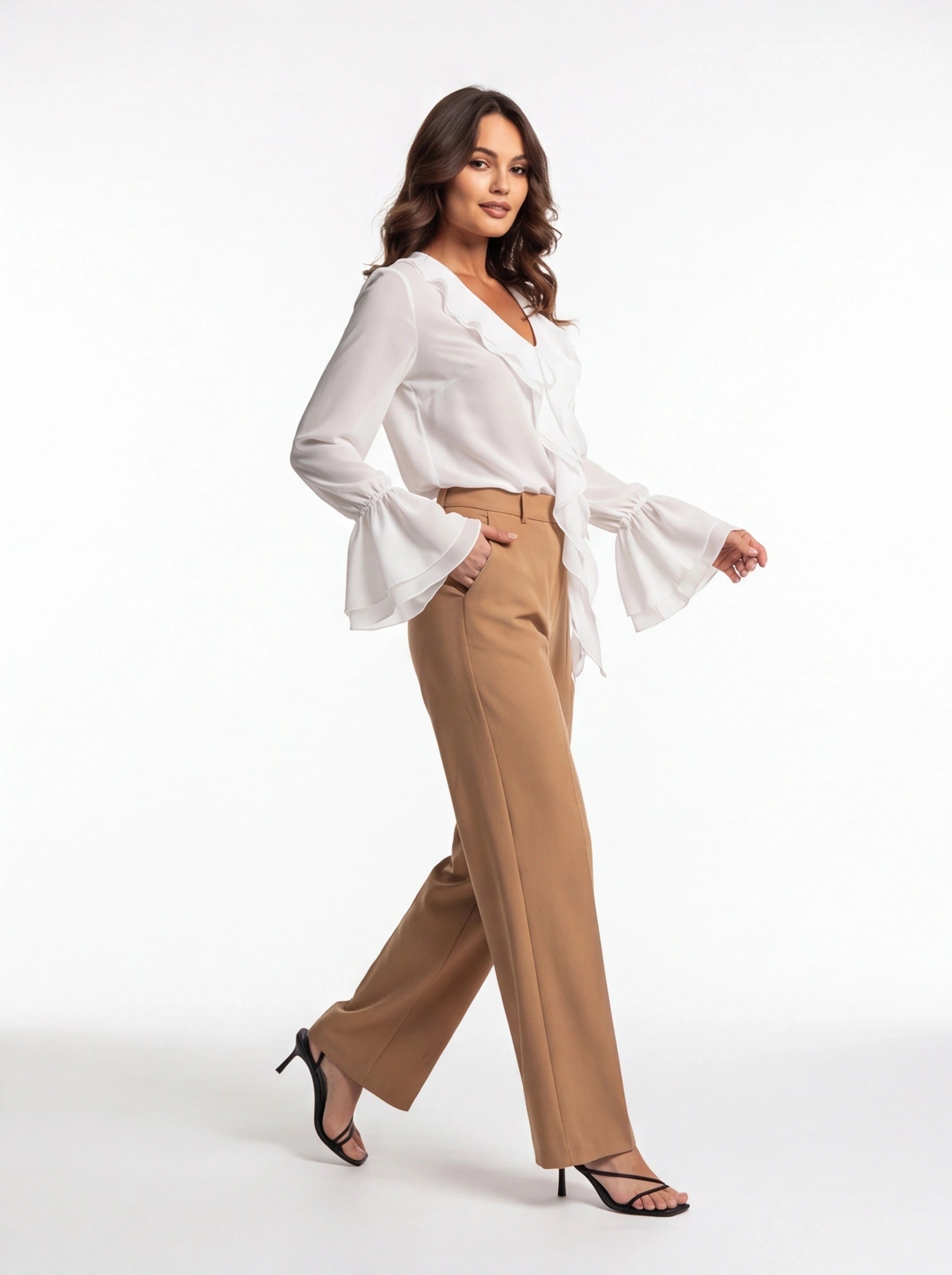 Ruffled Chiffon Blouse with Bell Sleeves and Tie Front - Jamota