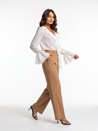 Ruffled Chiffon Blouse with Bell Sleeves and Tie Front - Jamota