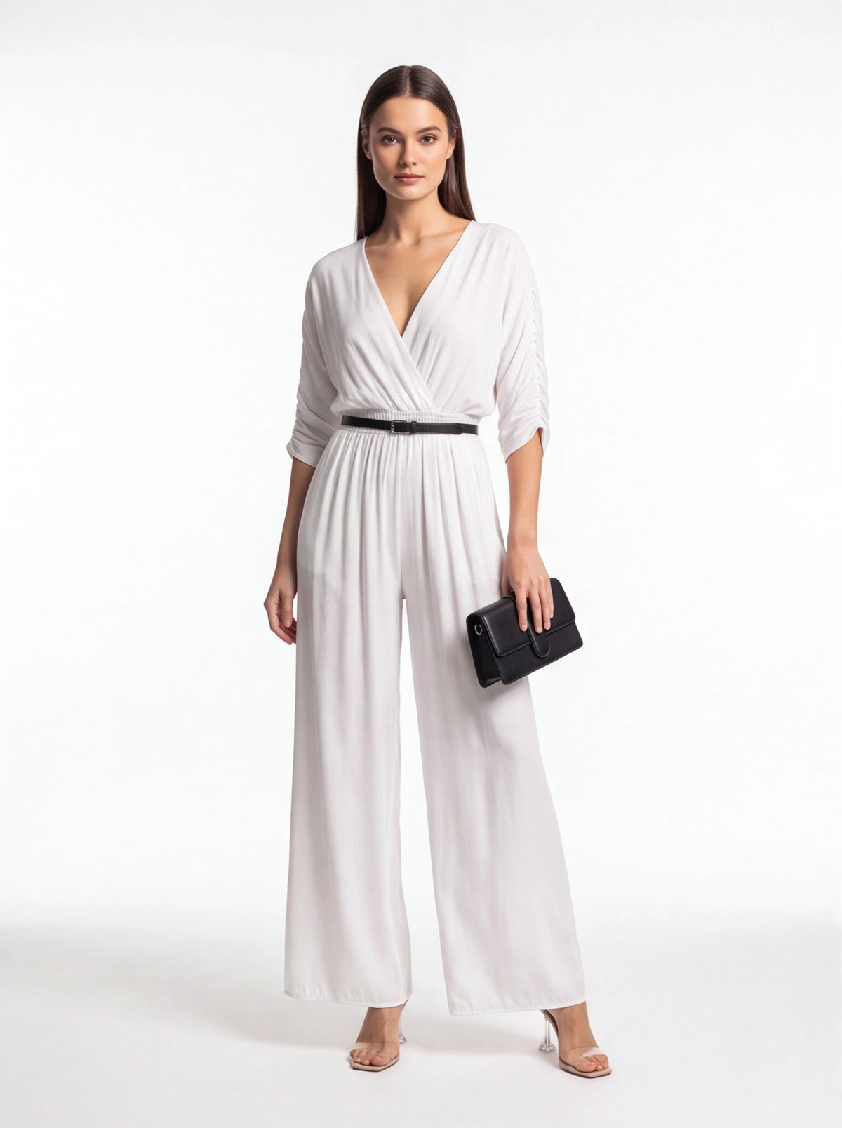 Backless Wide-Leg Jumpsuit with Ruched Waist by Jamota One-Pieces Jumpsuits