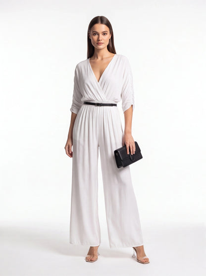Backless Wide-Leg Jumpsuit with Ruched Waist by Jamota One-Pieces Jumpsuits
