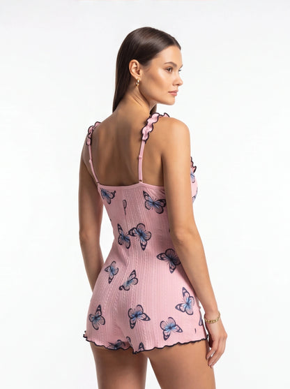 Jamota pink butterfly-print women's sleepwear romper with adjustable straps and black scalloped trim