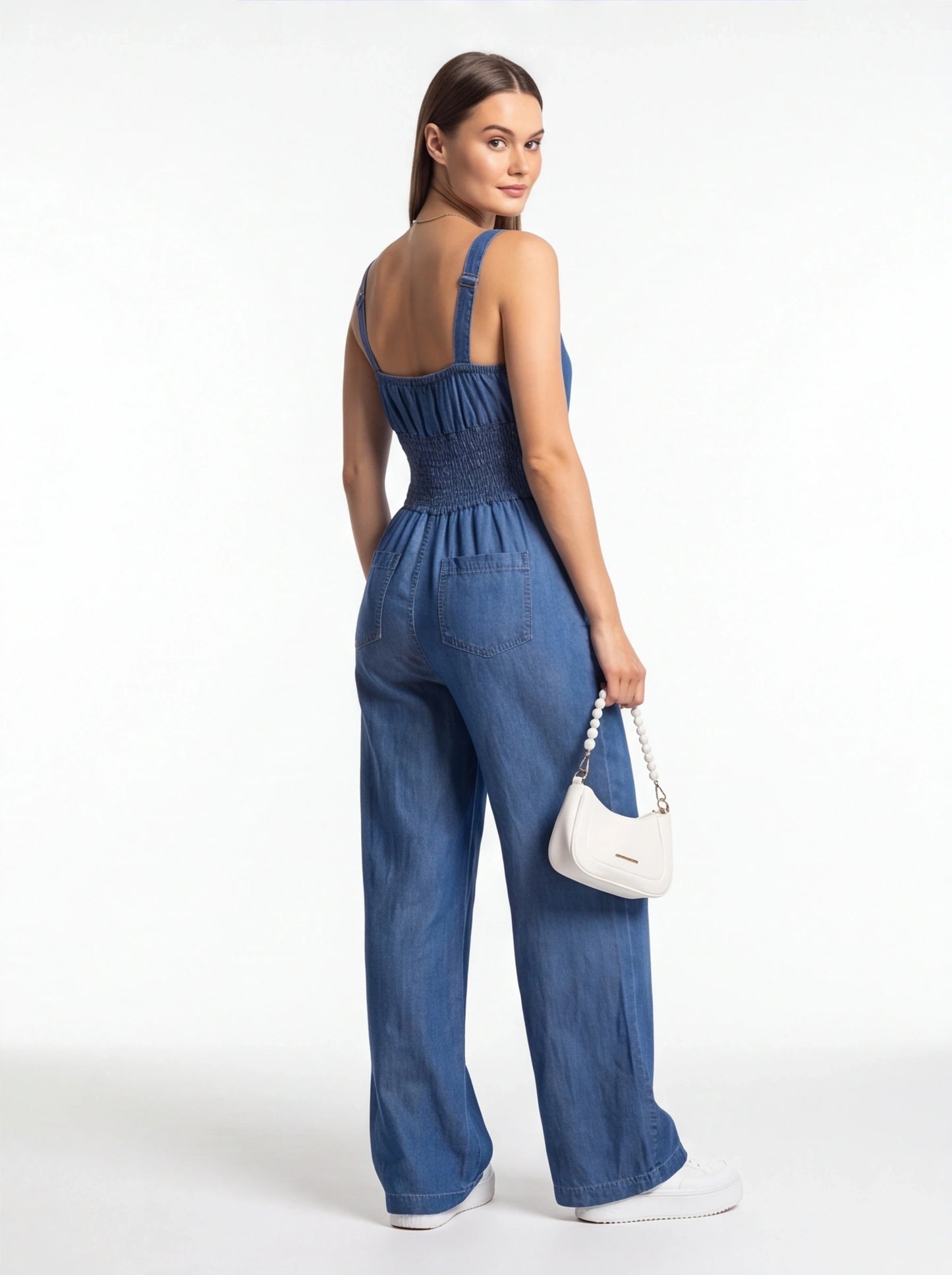 Wide-Leg Denim Jumpsuit with Adjustable Straps - Jamota