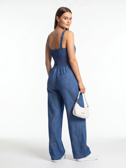 Wide-Leg Denim Jumpsuit with Adjustable Straps - Jamota