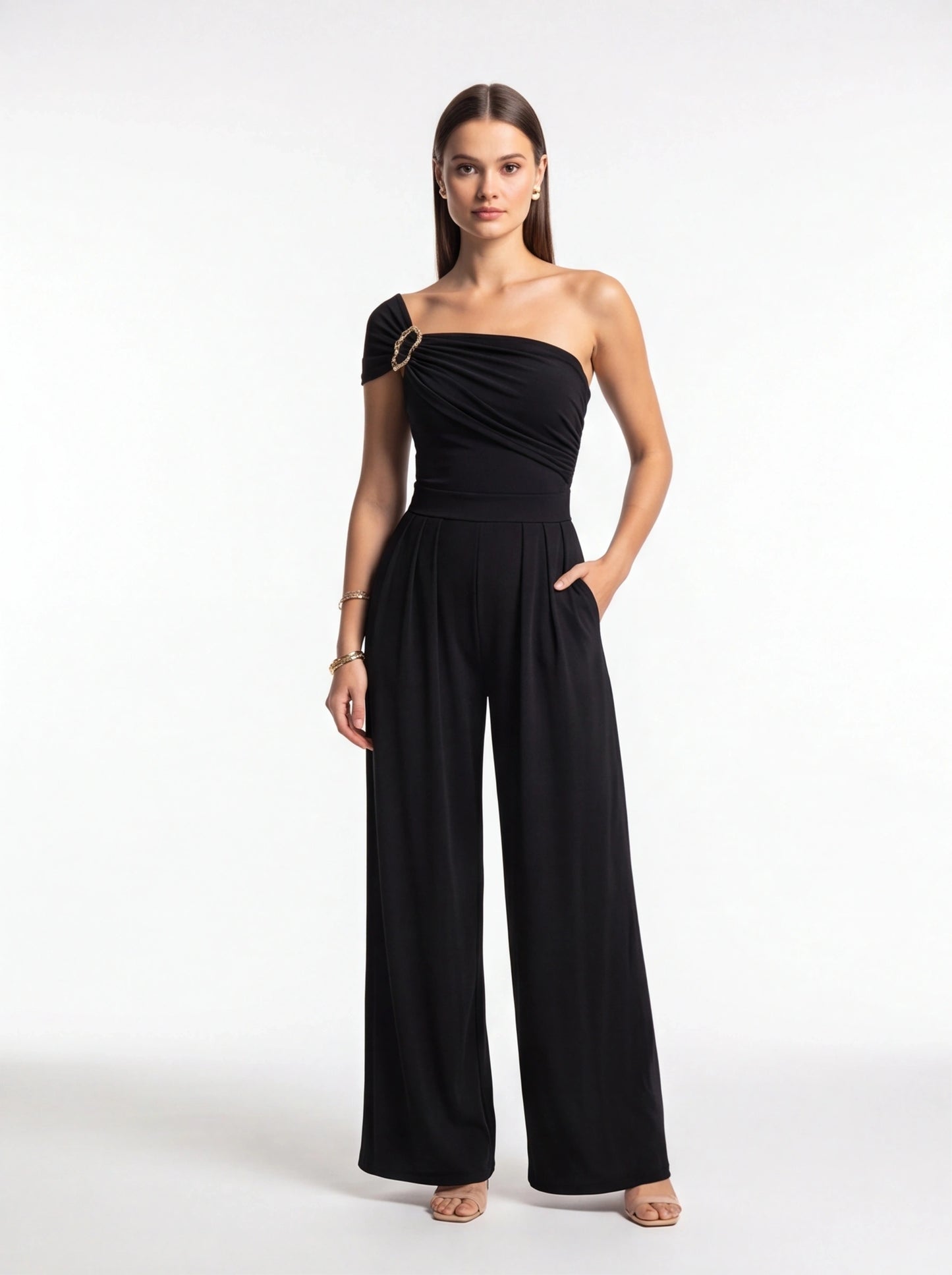 Jamota black women's jumpsuits with one-shoulder draped bodice, ring detail, belted waist and wide-leg pants
