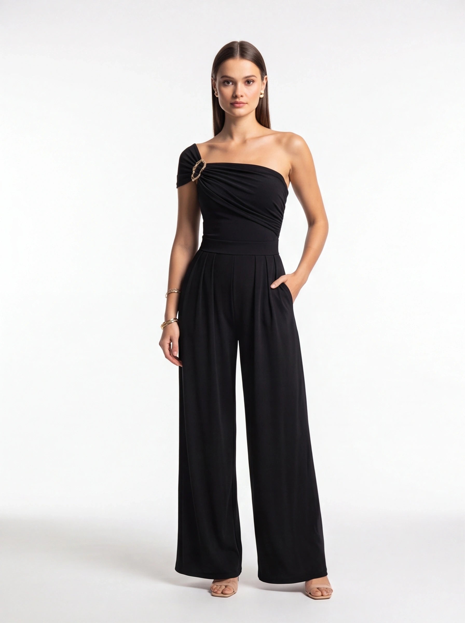 Jamota black women's jumpsuits with one-shoulder draped bodice, ring detail, belted waist and wide-leg pants