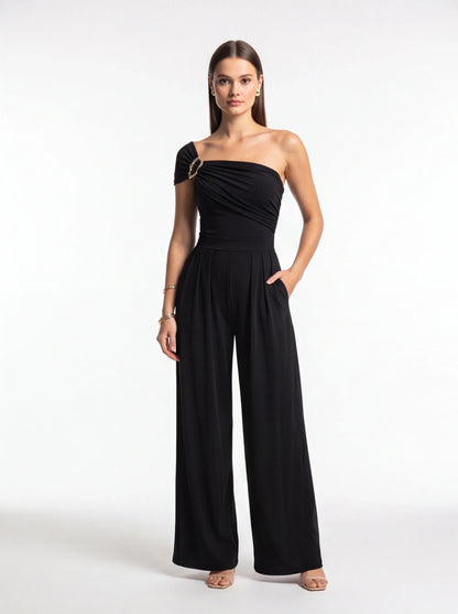 Jamota black women's jumpsuits with one-shoulder draped bodice, ring detail, belted waist and wide-leg pants