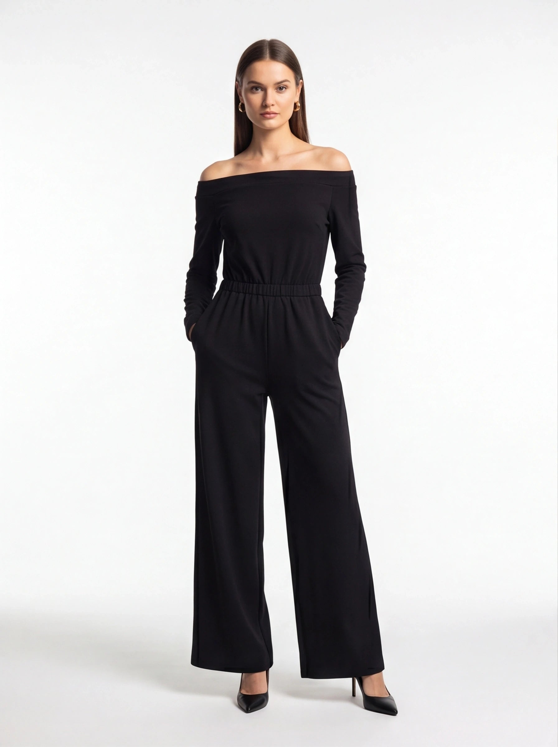 Jamota black off-shoulder jumpsuit with long sleeves, elastic waist and wide-leg pants