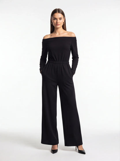 Jamota black off-shoulder jumpsuit with long sleeves, elastic waist and wide-leg pants