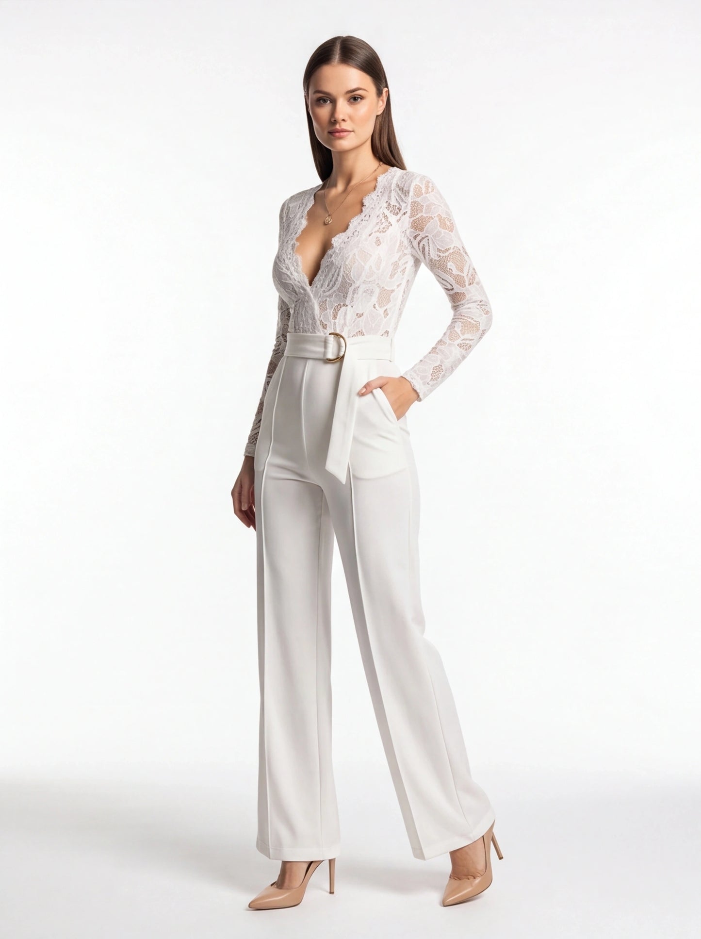 Jamota white lace jumpsuit with long sleeves, deep V-neck, pockets and belt.