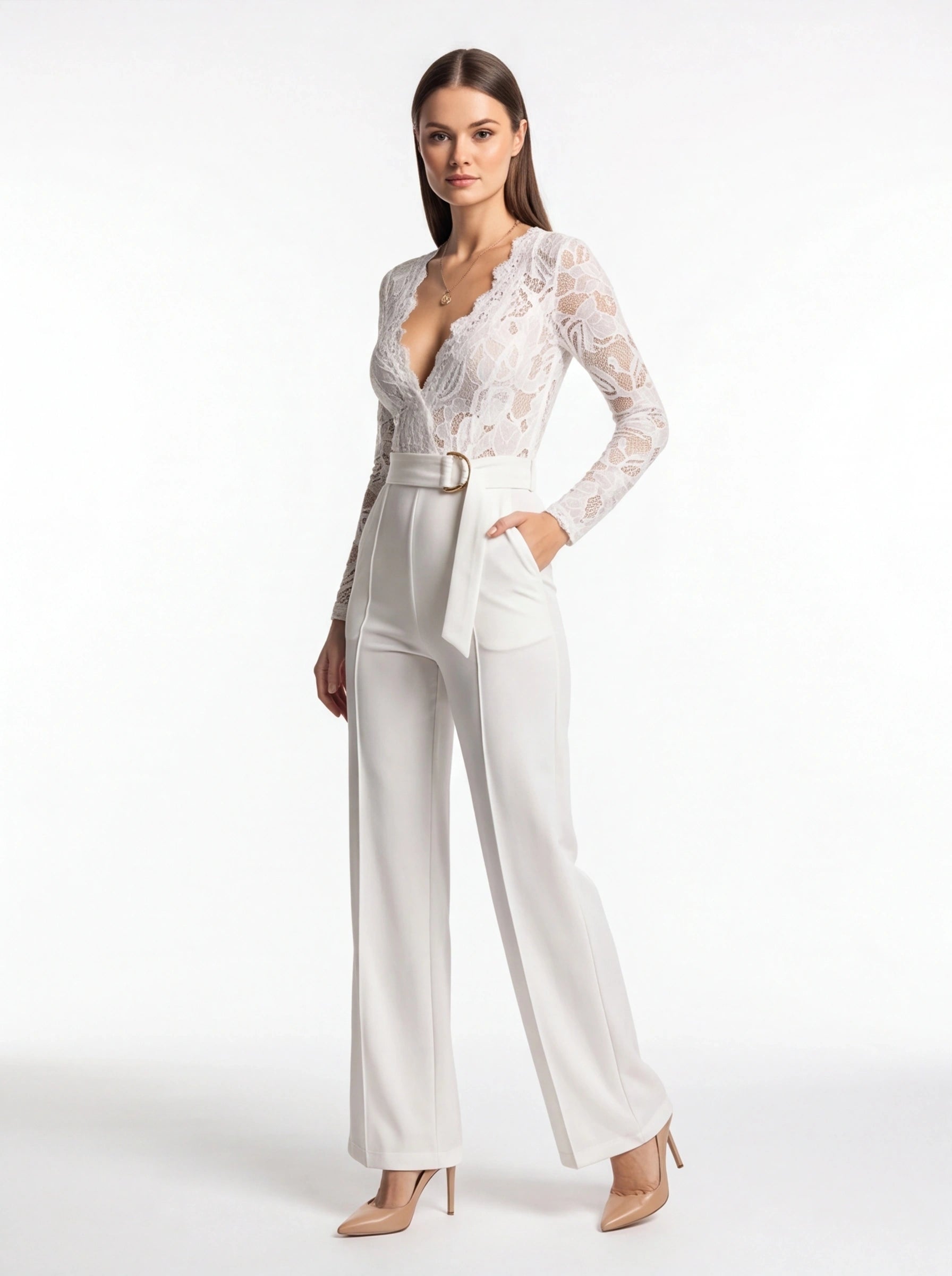 Jamota white lace jumpsuit with long sleeves, deep V-neck, pockets and belt.