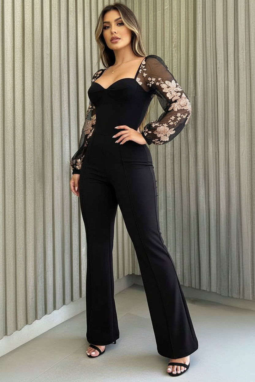 Elegant Flared Jumpsuit with Pockets and Adjustable Straps - Jamota