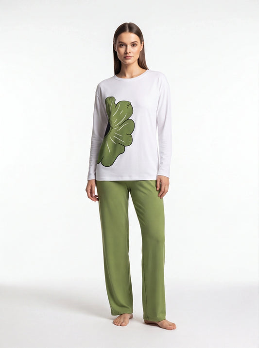 Multicolor Pajama Set Floral Print With Soft Knit Comfort For All Day Cozy Lounge Cotton - Jamota