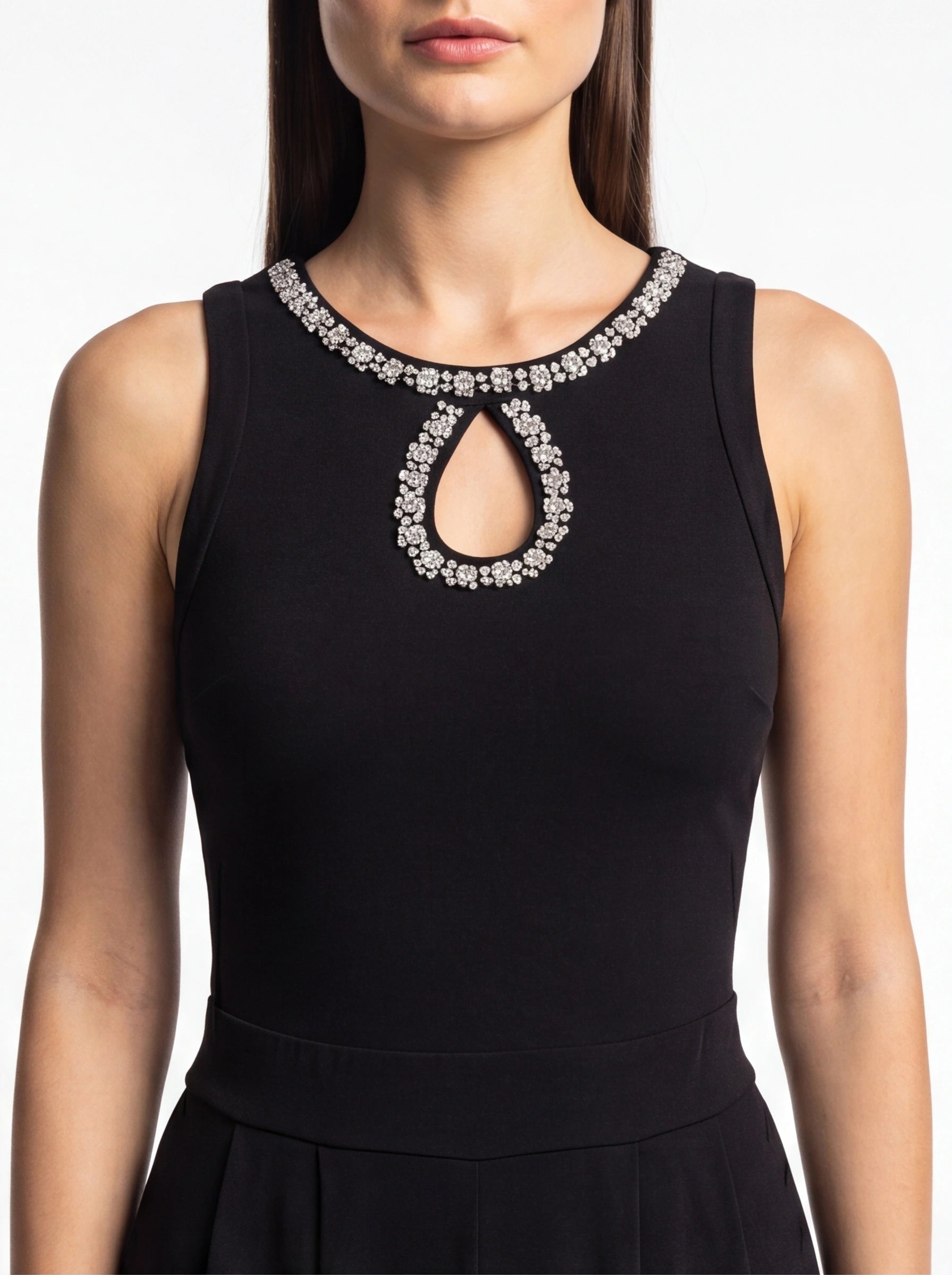 Jamota black jumpsuit with jeweled neckline and teardrop keyhole cutout, sleeveless with pleated wide-leg silhouette