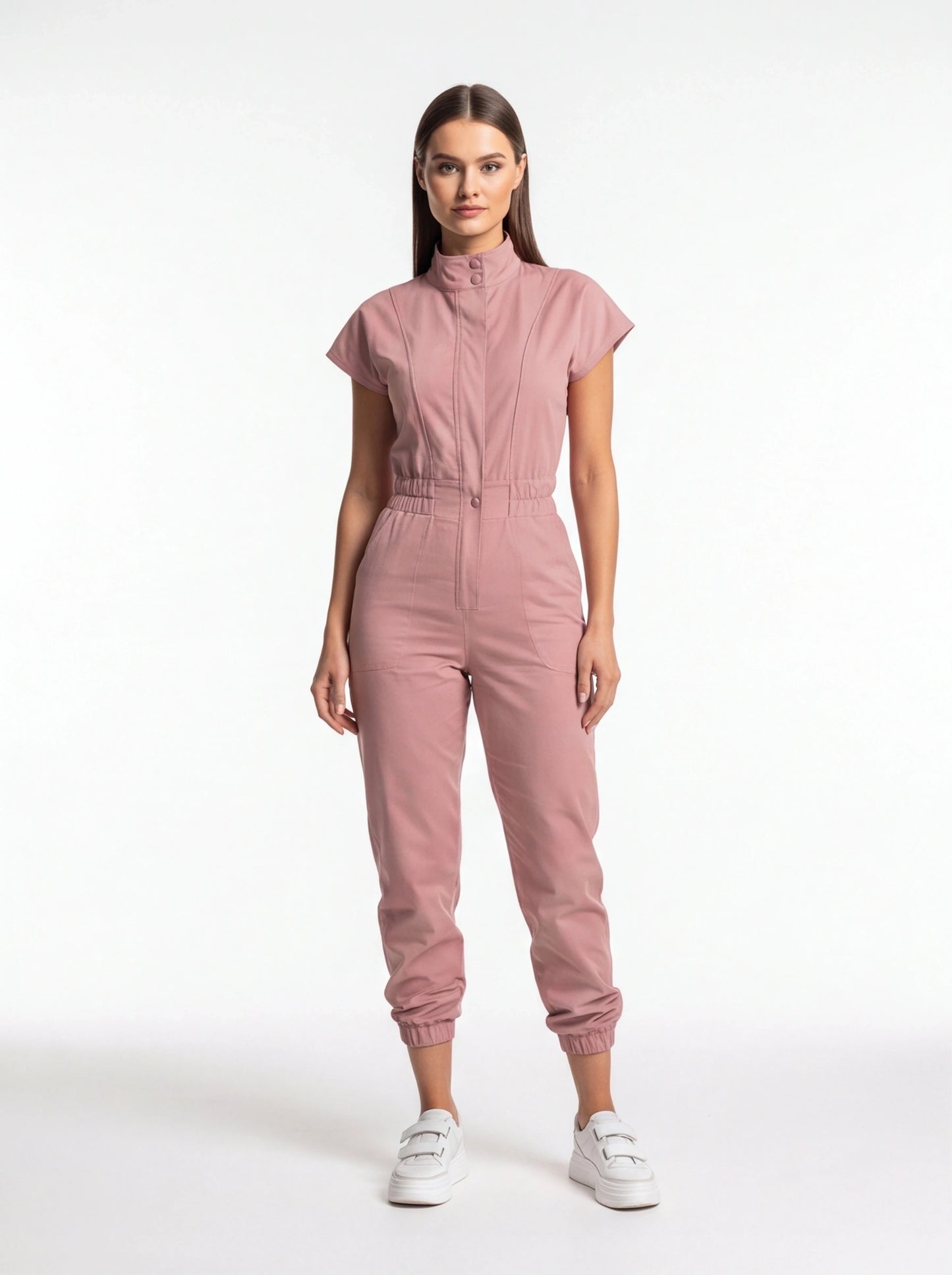 Elegant Soft Jumpsuit in pink by Jamota with short sleeves, high collar, elastic waist and cuffed ankles.