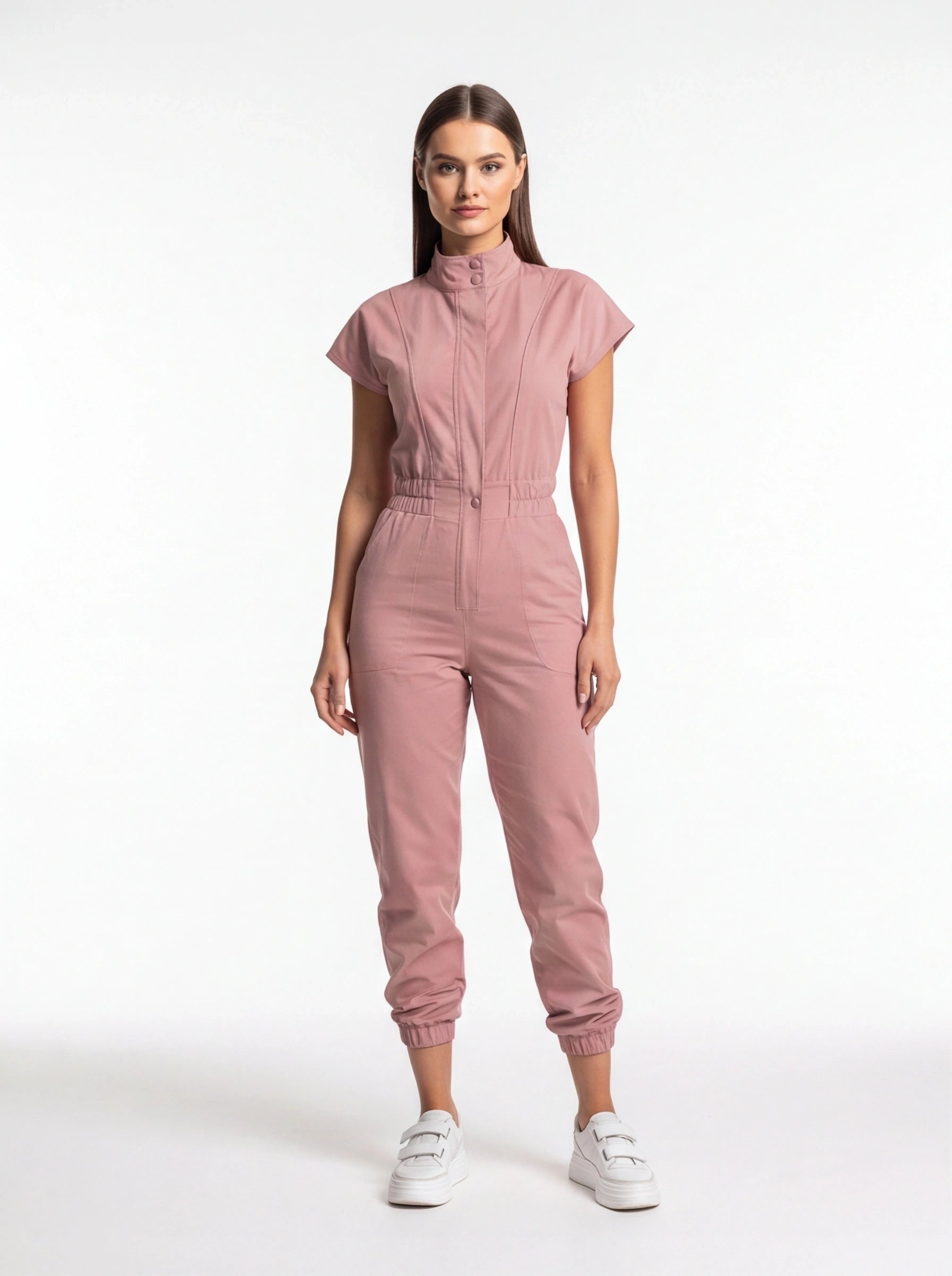 Elegant Soft Jumpsuit in pink by Jamota with short sleeves, high collar, elastic waist and cuffed ankles.