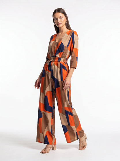 Chic Colorblock Geometric Jumpsuit with Belted Waist and Pockets by Jamota One-Pieces Jumpsuits & Rompers