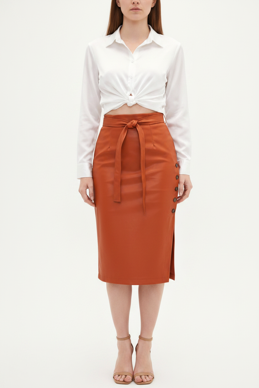 Brown Midi Skirt Sleek Pencil Silhouette High Waisted Everyday Work Texture PU Leather by Jamota Skirts Women's Skirts