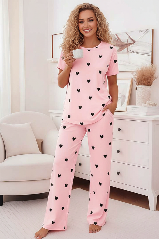 Multi Pajama Set Heart Print Polyester Elastane by Jamota Loungewear Sleepwear & Loungewear