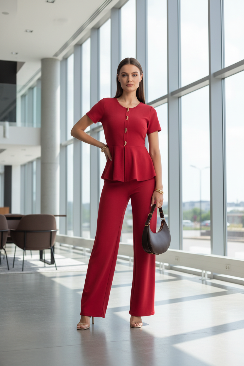 Wide-Leg Jumpsuit with Peplum Waist and Short Sleeves - Jamota