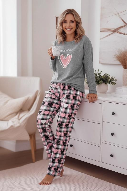 Multicolor Pajama Set Heart Print Cozy Sleepwear With Plaid Pants Relaxed Fit All Day Comfort by Jamota Pajamas Women's Pajama Sets