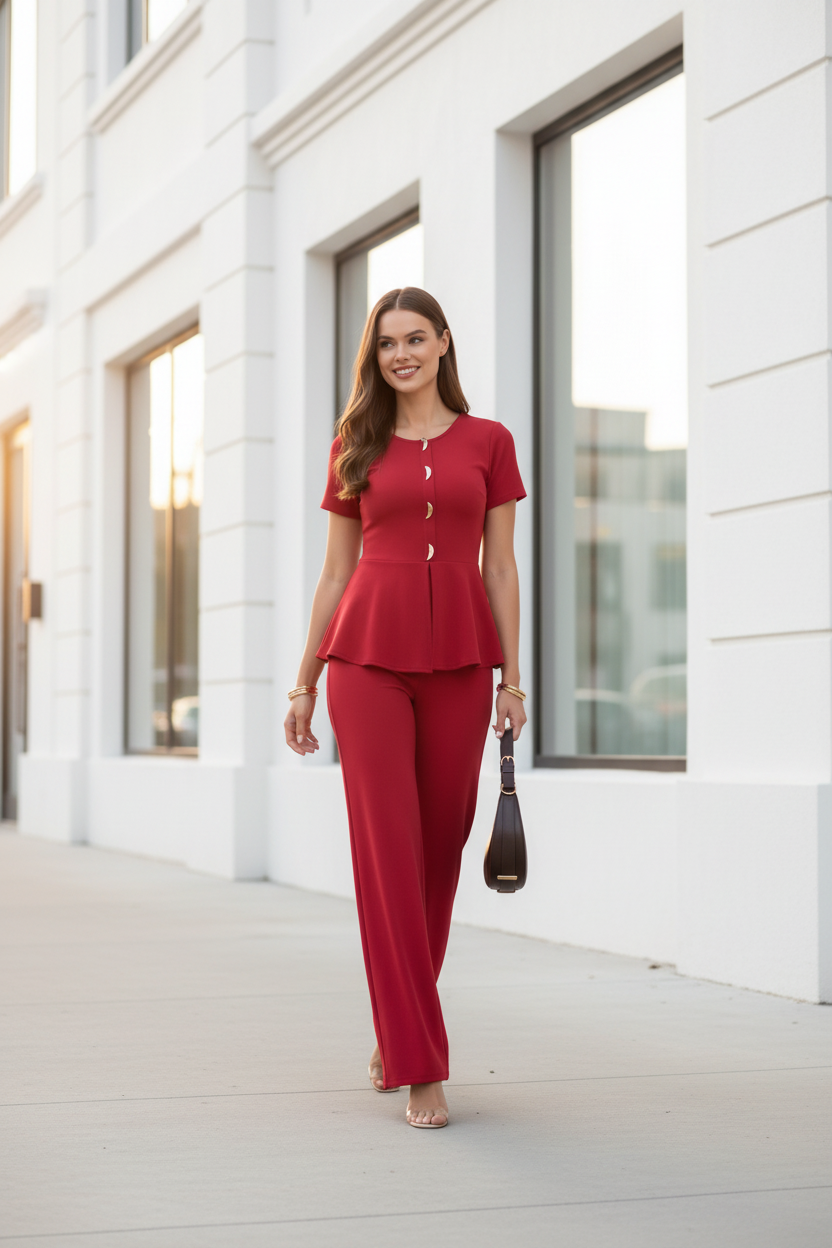 Wide-Leg Jumpsuit with Peplum Waist and Short Sleeves - Jamota