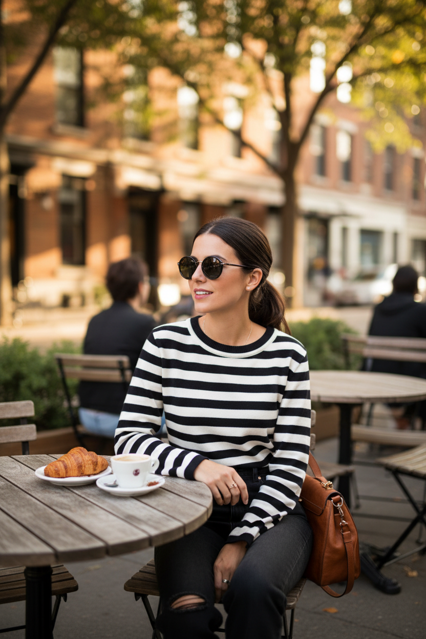 Stylish Black and White Striped Women's Top with Comfortable Fit by Jamota T-Shirts T-Shirts