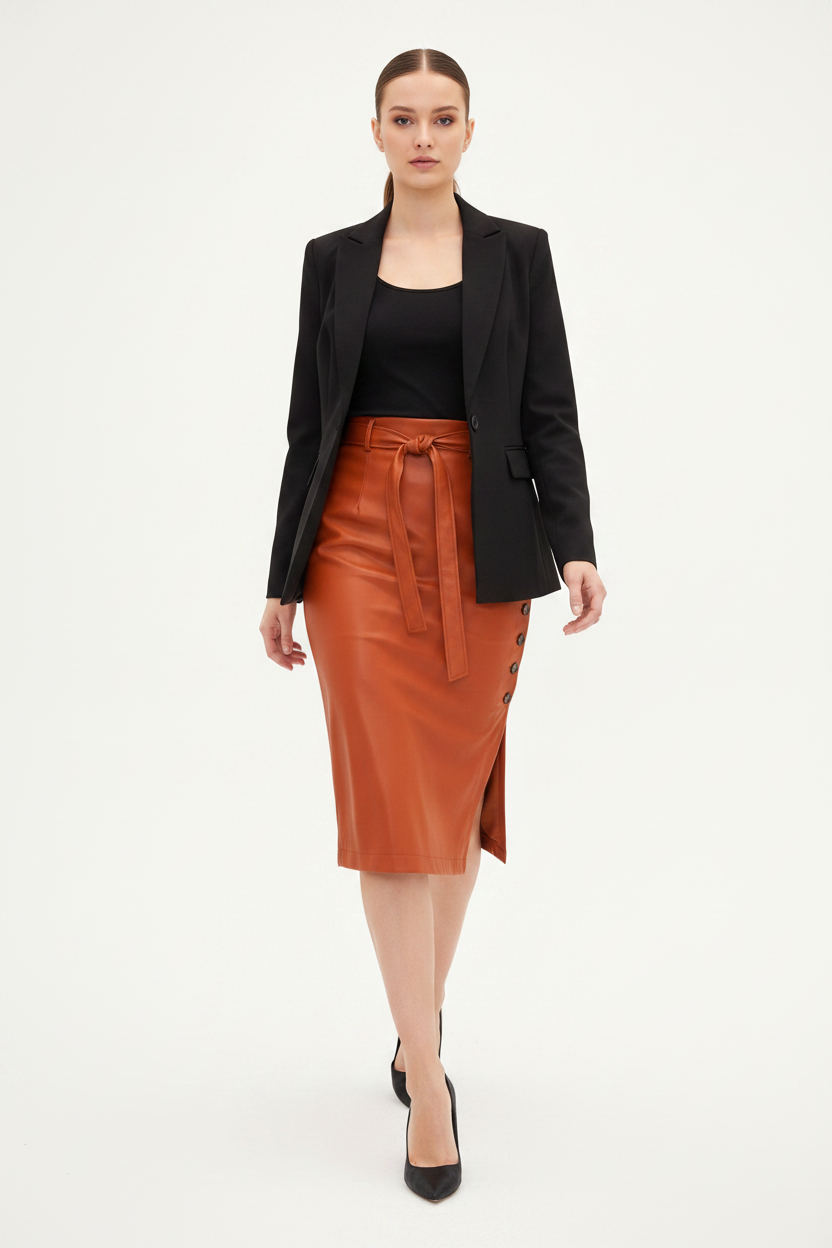 Brown Midi Skirt Sleek Pencil Silhouette High Waisted Everyday Work Texture PU Leather by Jamota Skirts Women's Skirts