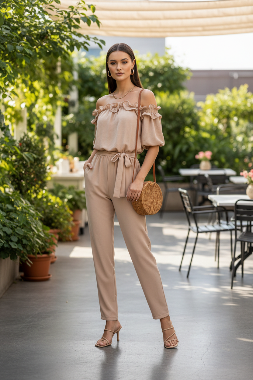 Off-Shoulder Jumpsuit with Frill Trim and Pockets by Jamota One-Pieces Jumpsuits