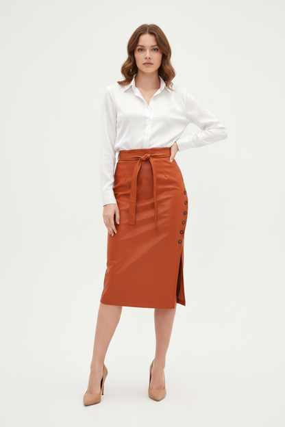 Brown Midi Skirt Sleek Pencil Silhouette High Waisted Everyday Work Texture PU Leather by Jamota Skirts Women's Skirts