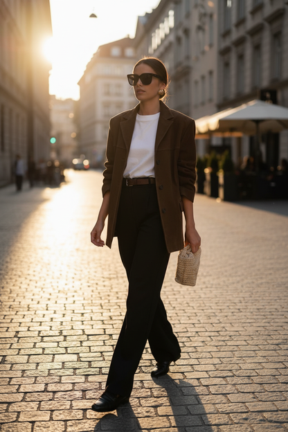 Elegant Brown Tailored Blazer with Padded Shoulders and Slim Fit by Jamota Blouses Women's Blazers