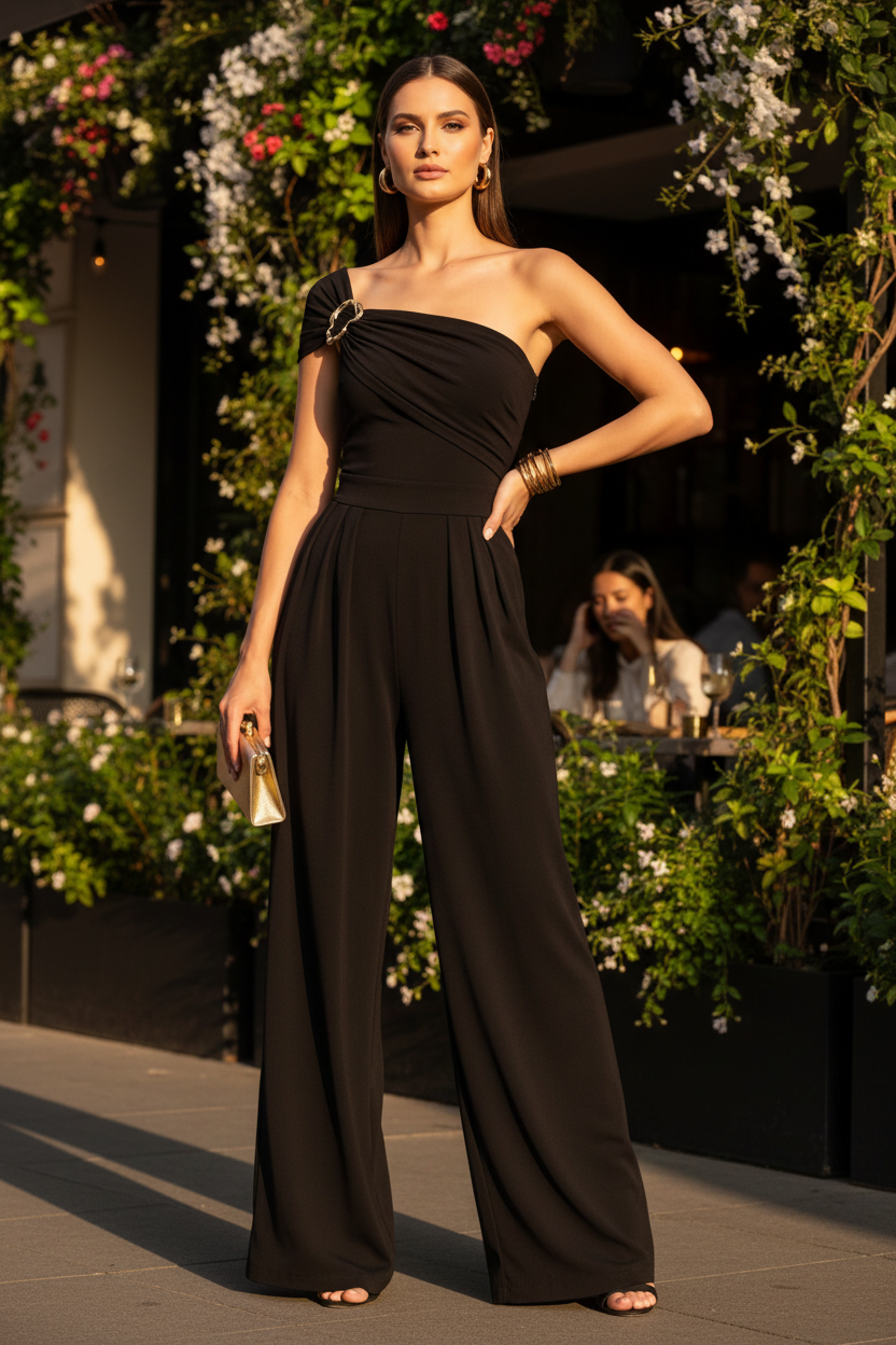 Elegant High-Waisted Wide Leg Jumpsuit with Pockets & Belted Waist by Jamota One-Pieces Women's Jumpsuits