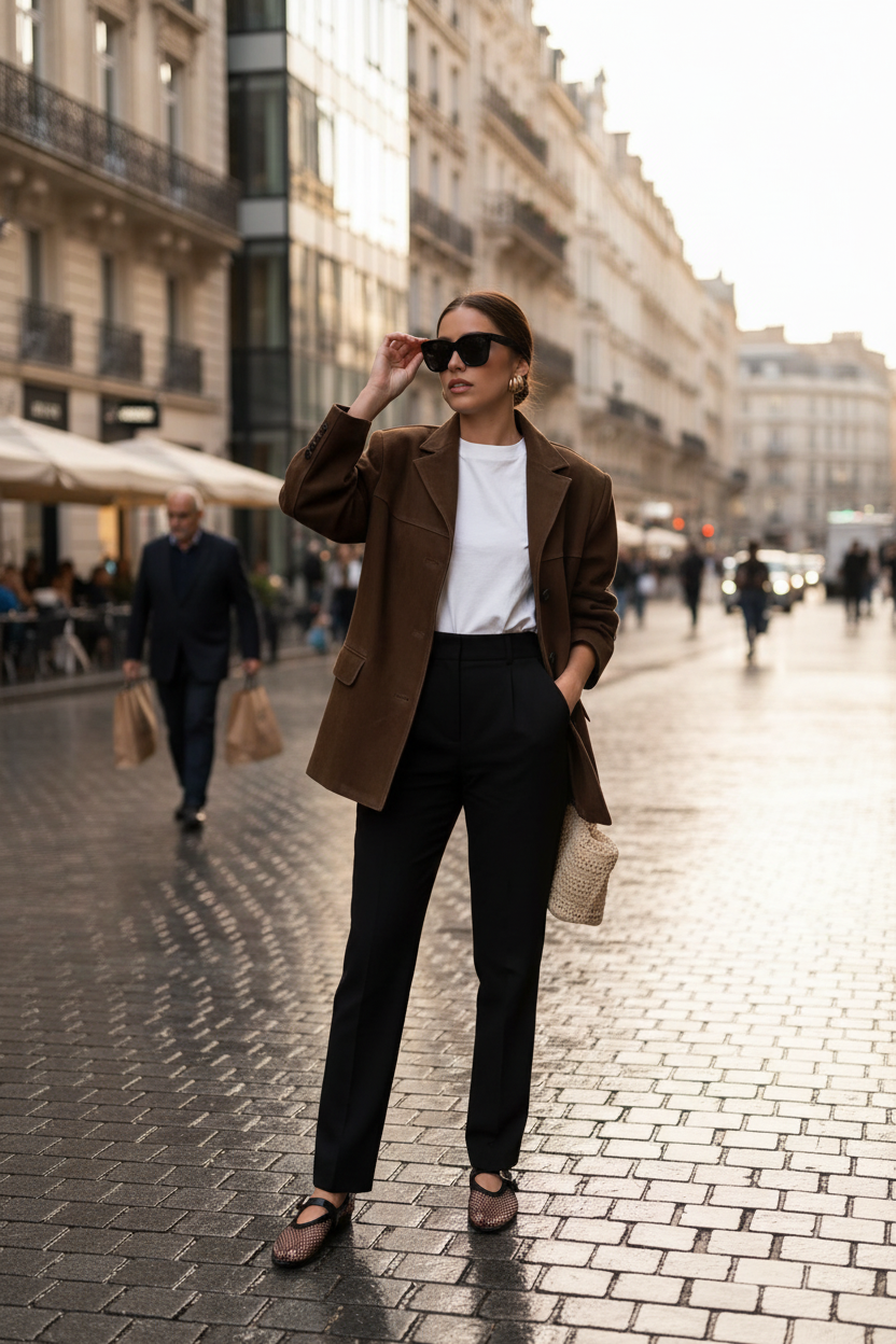 Elegant Brown Tailored Blazer with Padded Shoulders and Slim Fit by Jamota Blouses Women's Blazers