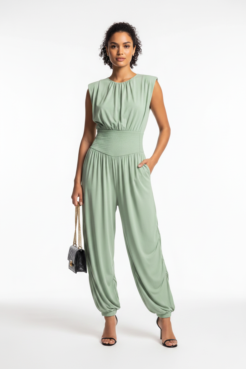 Elegant Casual Ruched Jumpsuit with Adjustable Straps & Pockets - Jamota