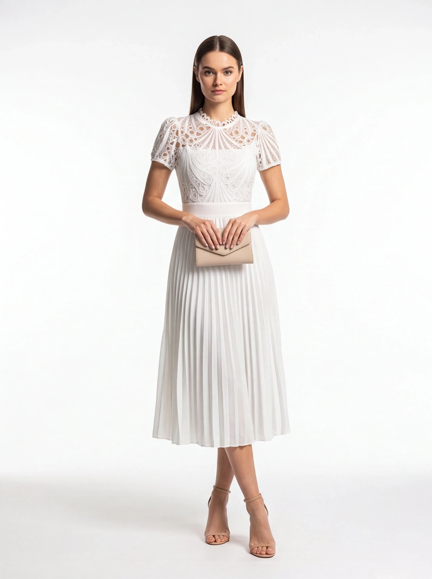 Pleated Lace Midi Dress with Puff Sleeves - Jamota