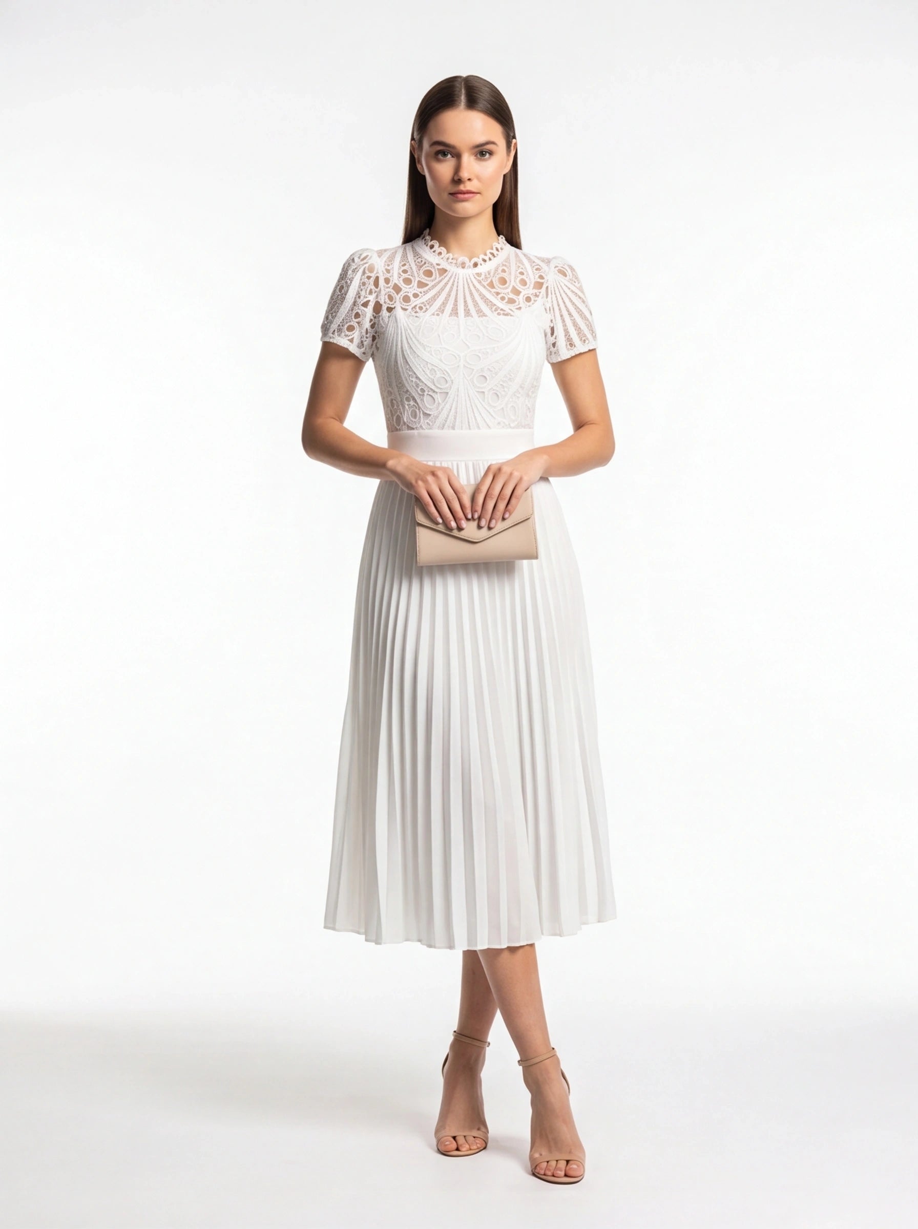 Pleated Lace Midi Dress with Puff Sleeves - Jamota