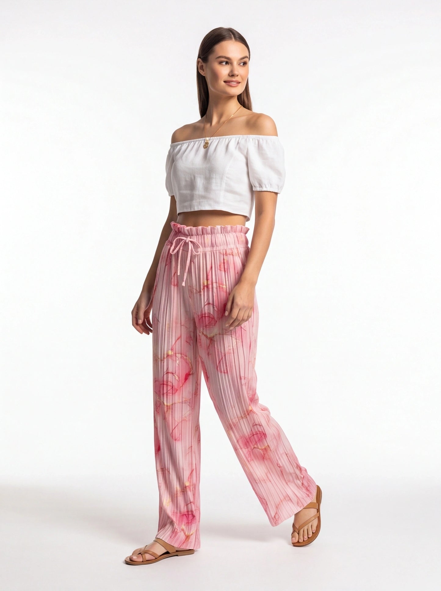 High Waisted Tie Dye Pleated Wide Leg Palazzo Pants with Pockets