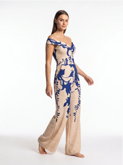 Elegant Floral Wide-Leg Jumpsuit with Pockets and Adjustable Straps by Jamota One-Pieces Jumpsuits
