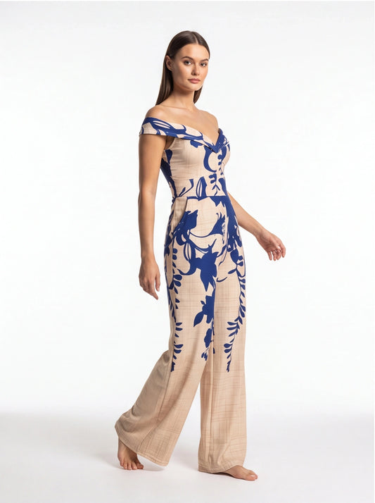 Elegant Floral Wide-Leg Jumpsuit with Pockets and Adjustable Straps by Jamota One-Pieces Jumpsuits