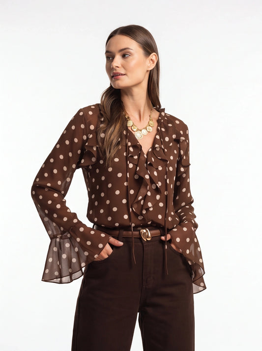 Elegant Vintage Polka Dot Blouse with Soft Fabric and Button Detail by Jamota Blouses Blouses