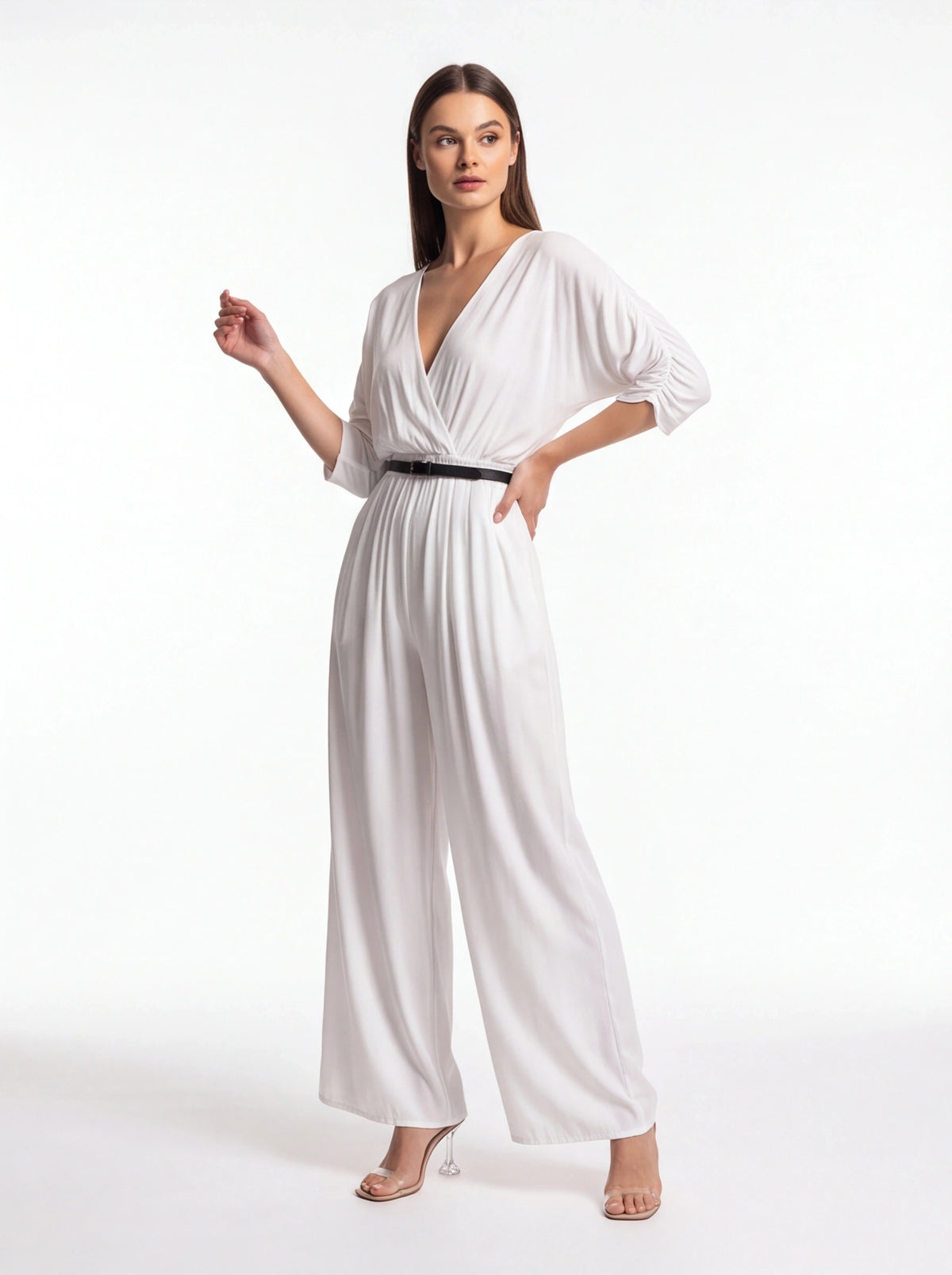 Backless Wide-Leg Jumpsuit with Ruched Waist by Jamota One-Pieces Jumpsuits